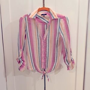 Adorable Drew striped shirt with pinks, blue, white XS Like new